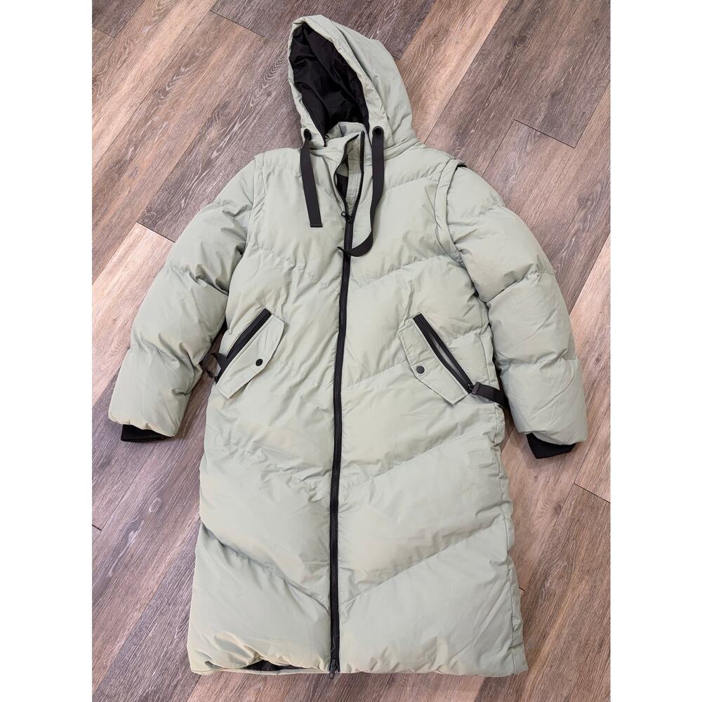 Saint & Sinner Long Puffer Coat Hooded Green Zip Jacket Women M